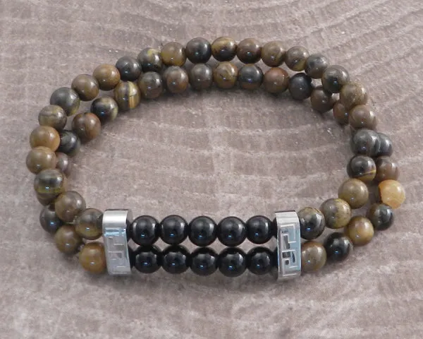 Stone & Steel Bead 2 Row Brown Cat Eye Bracelet