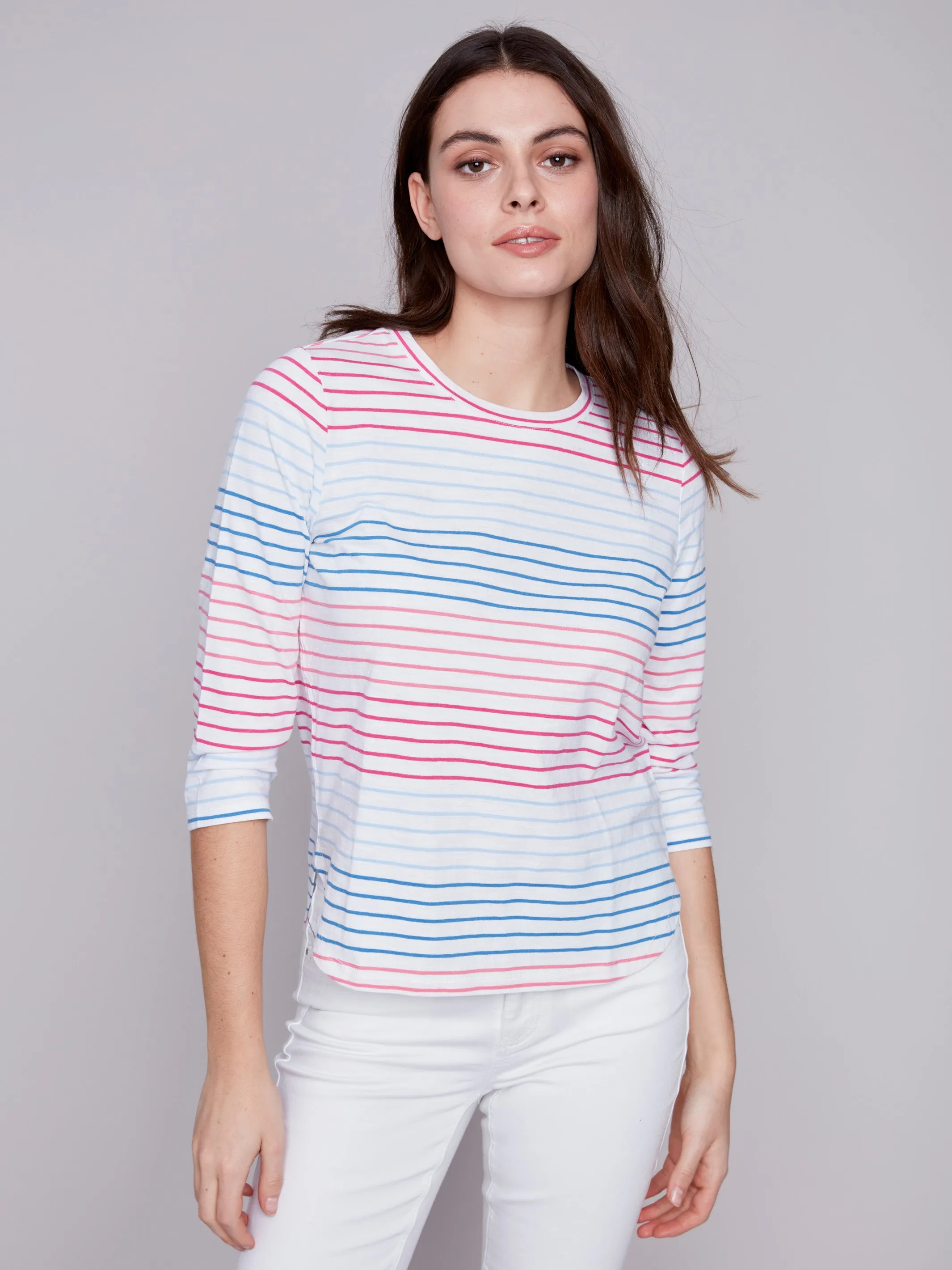 Striped ¾ Sleeve Cotton Top - Multicolor