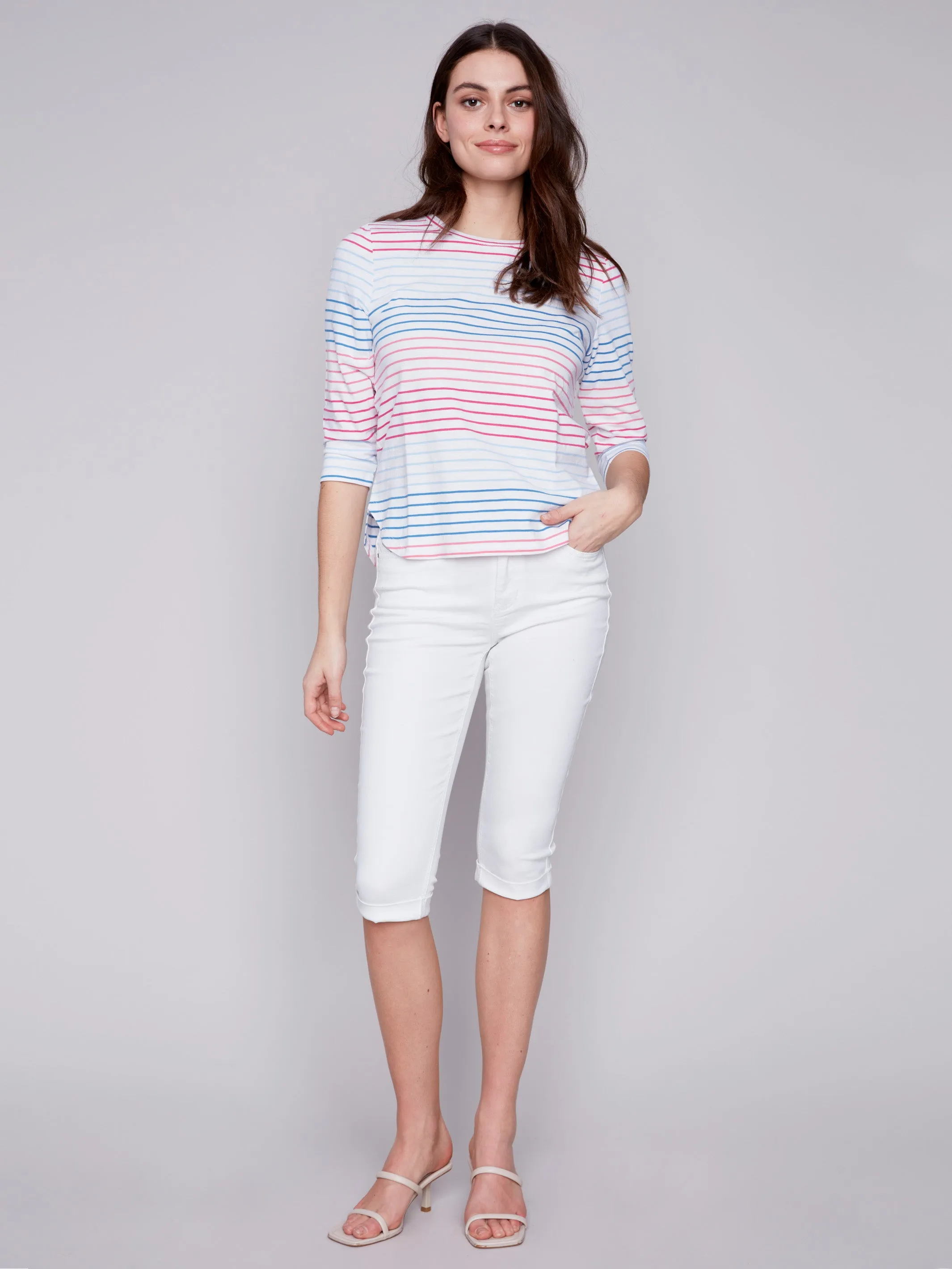 Striped ¾ Sleeve Cotton Top - Multicolor