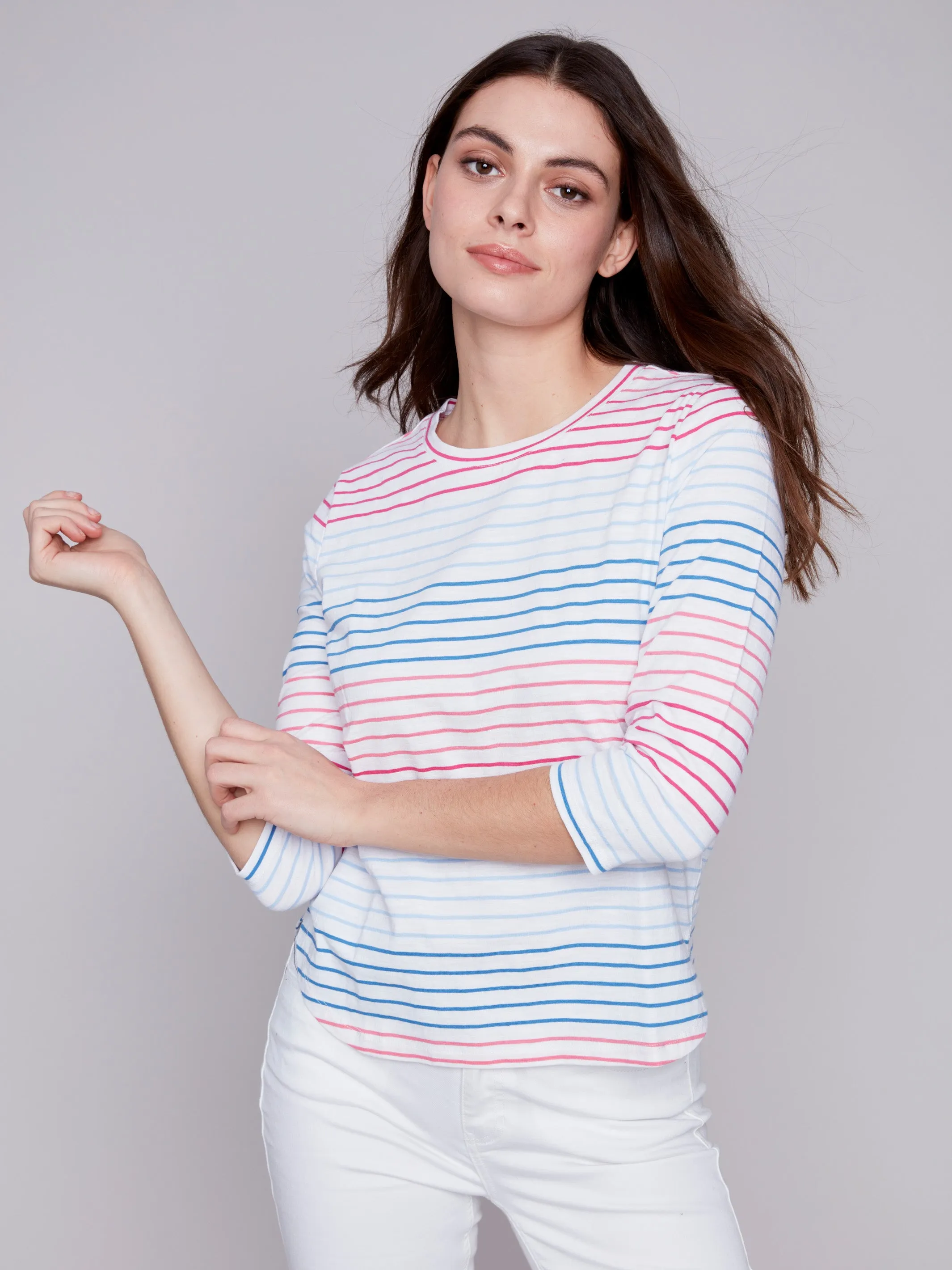 Striped ¾ Sleeve Cotton Top - Multicolor