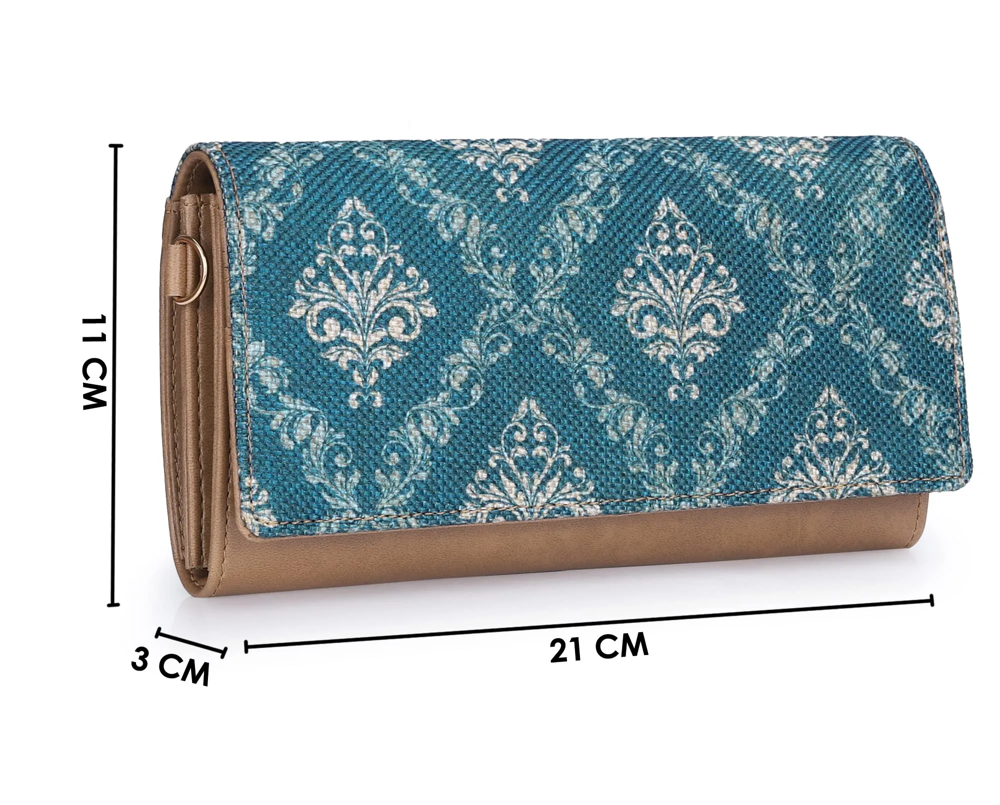 THE CLOWNFISH Charisma Collection Printed Handicraft Fabric & Faux Leather Womens Wallet Clutch Ladies Purse with Multiple Card Slots (Royal Blue)