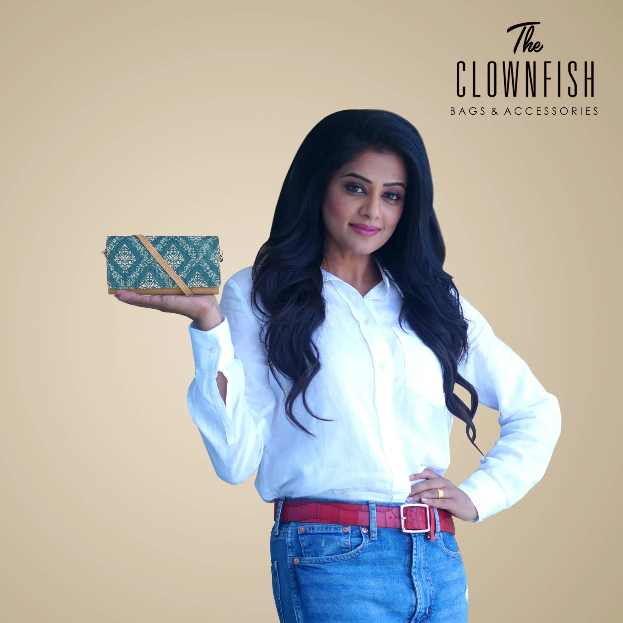 THE CLOWNFISH Charisma Collection Printed Handicraft Fabric & Faux Leather Womens Wallet Clutch Ladies Purse with Multiple Card Slots (Royal Blue)