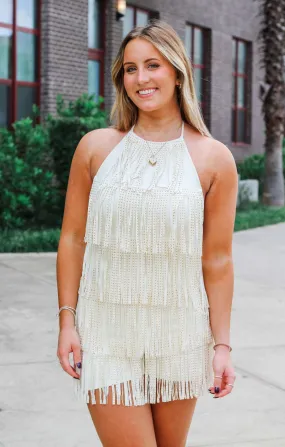 The Suede Fringe Romper (Off White)