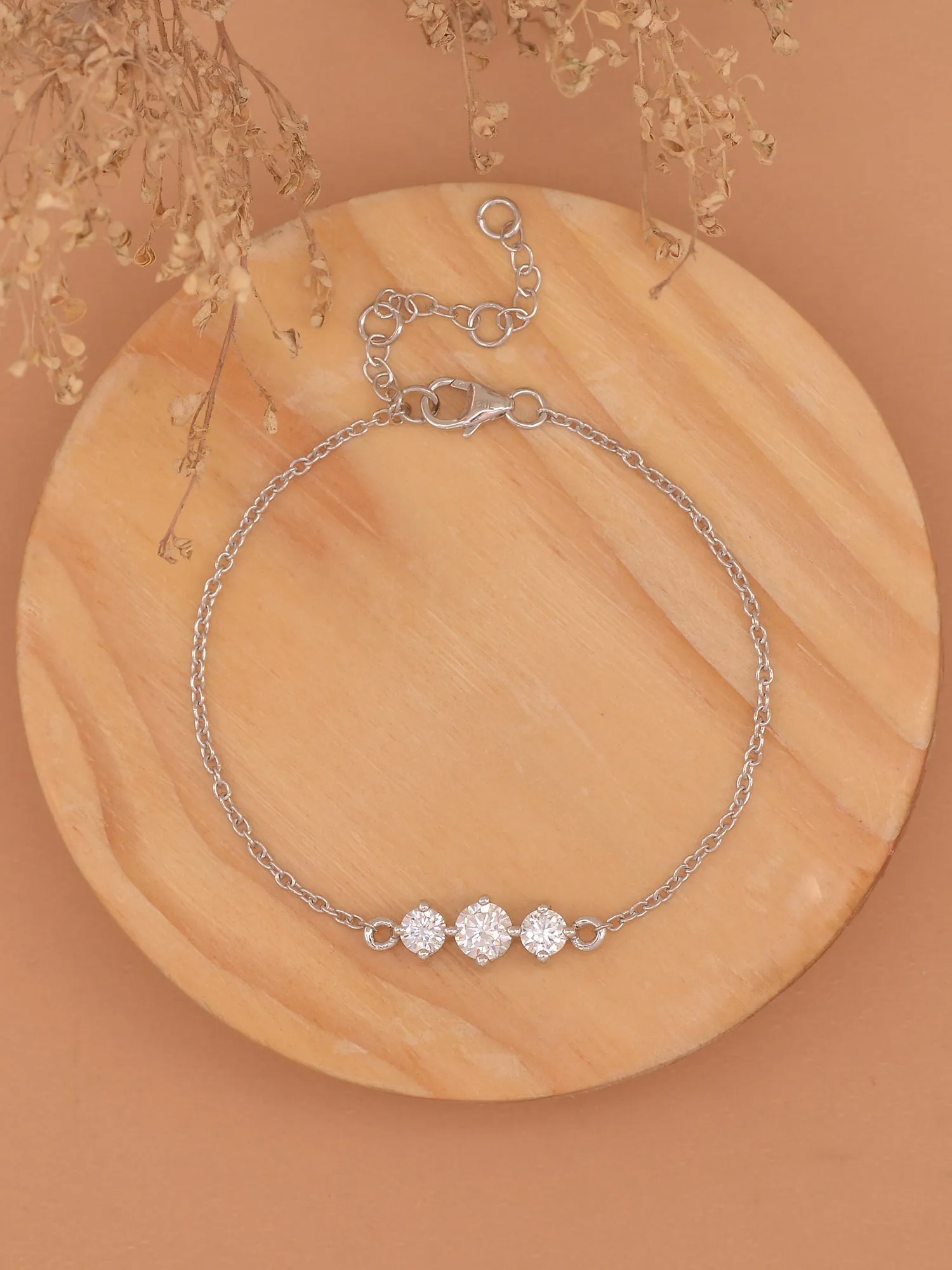 Three Stone American Diamond Silver Bracelet For Women