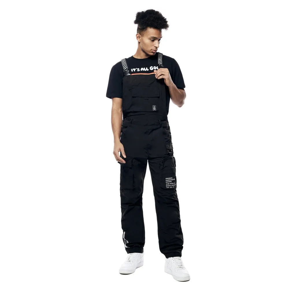 Tonal Color Block Windbreaker Utility Overalls - Black