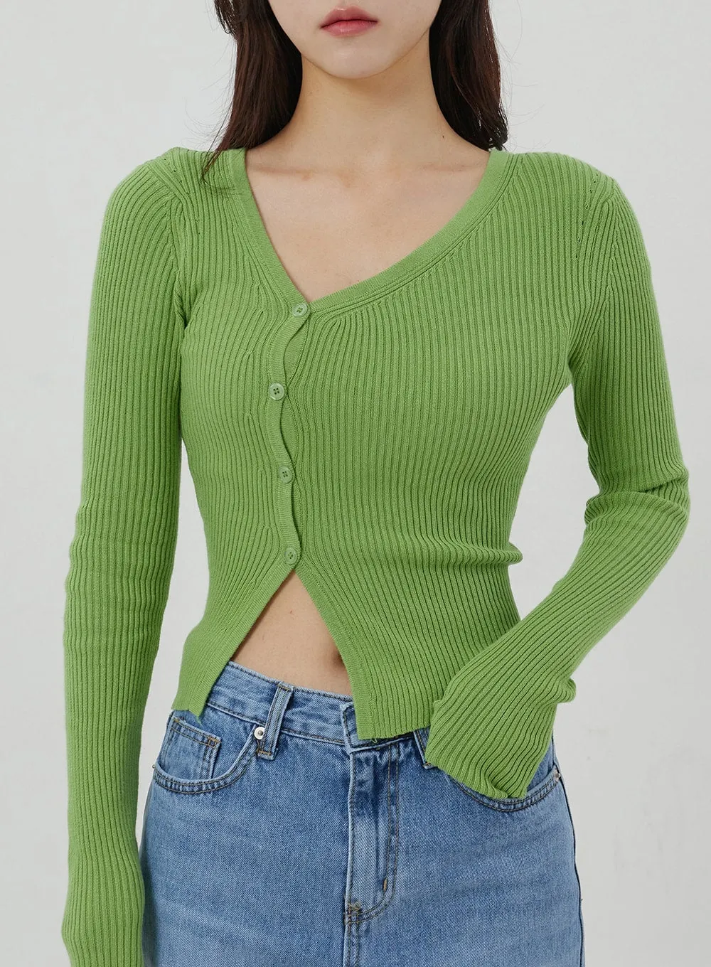 Unbalanced Ribbed Knit Button Cropped Top OJ319