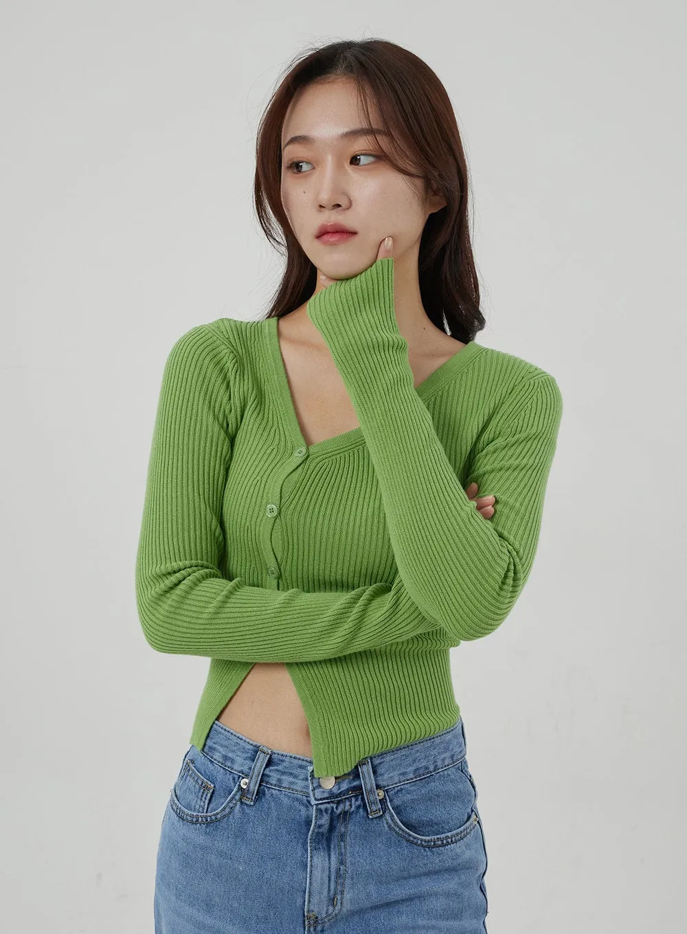 Unbalanced Ribbed Knit Button Cropped Top OJ319