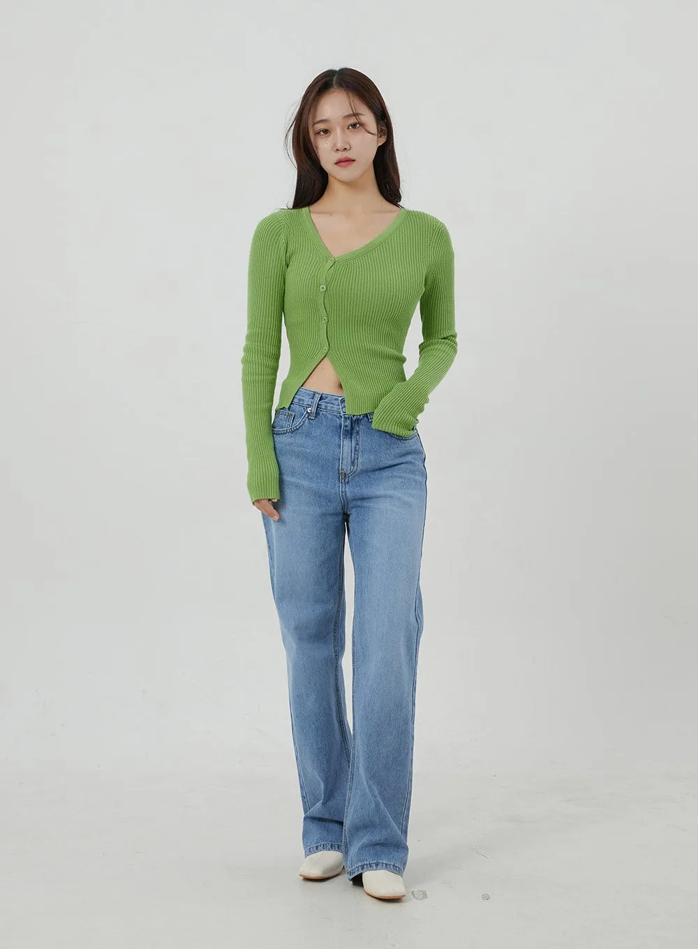 Unbalanced Ribbed Knit Button Cropped Top OJ319