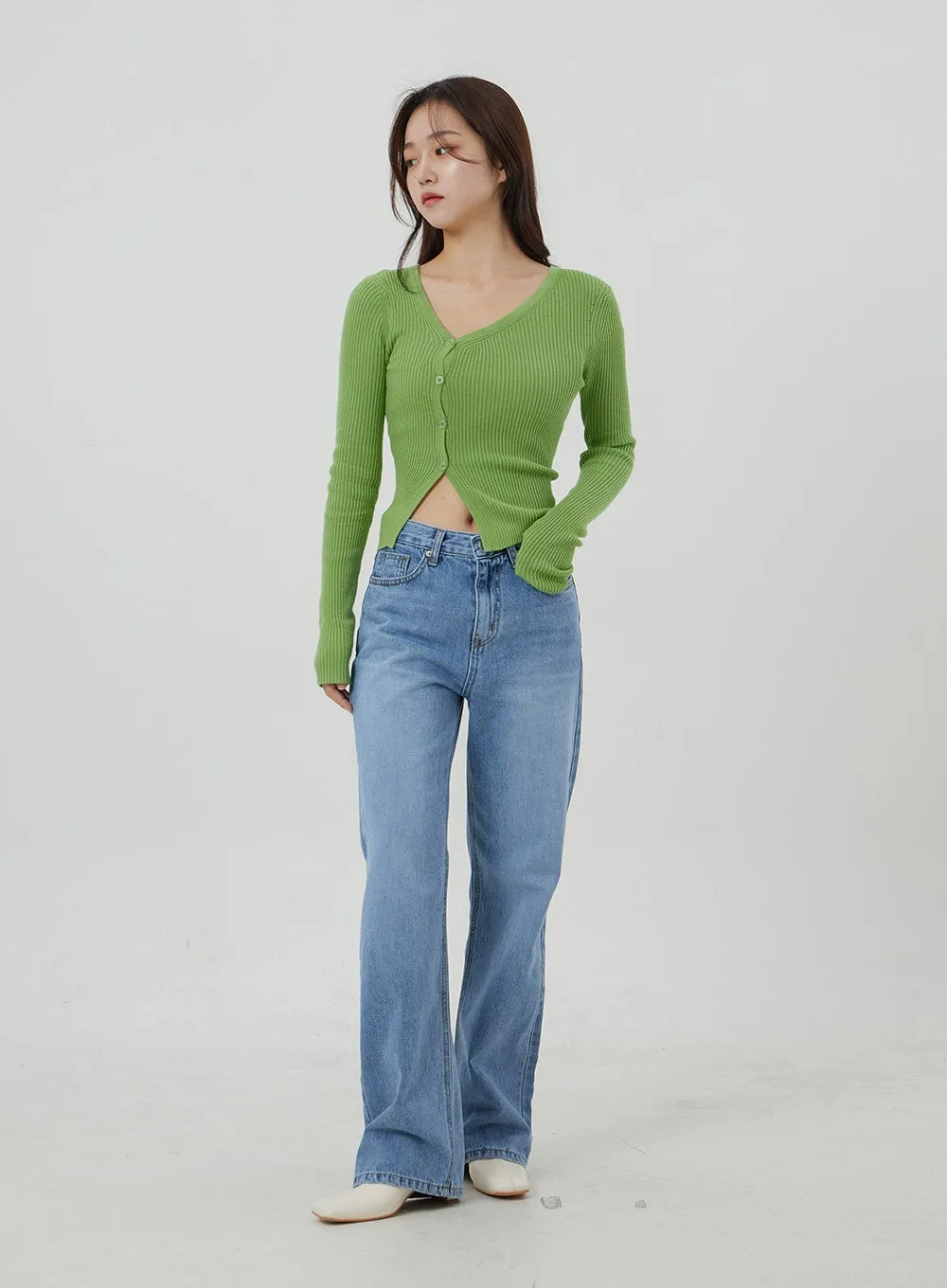 Unbalanced Ribbed Knit Button Cropped Top OJ319