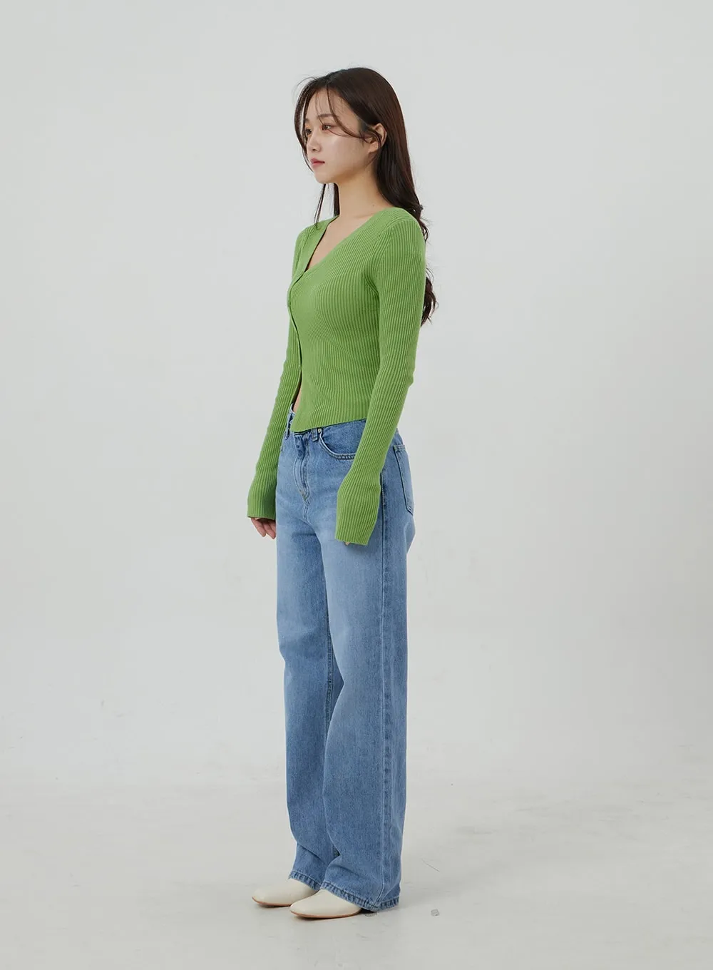 Unbalanced Ribbed Knit Button Cropped Top OJ319