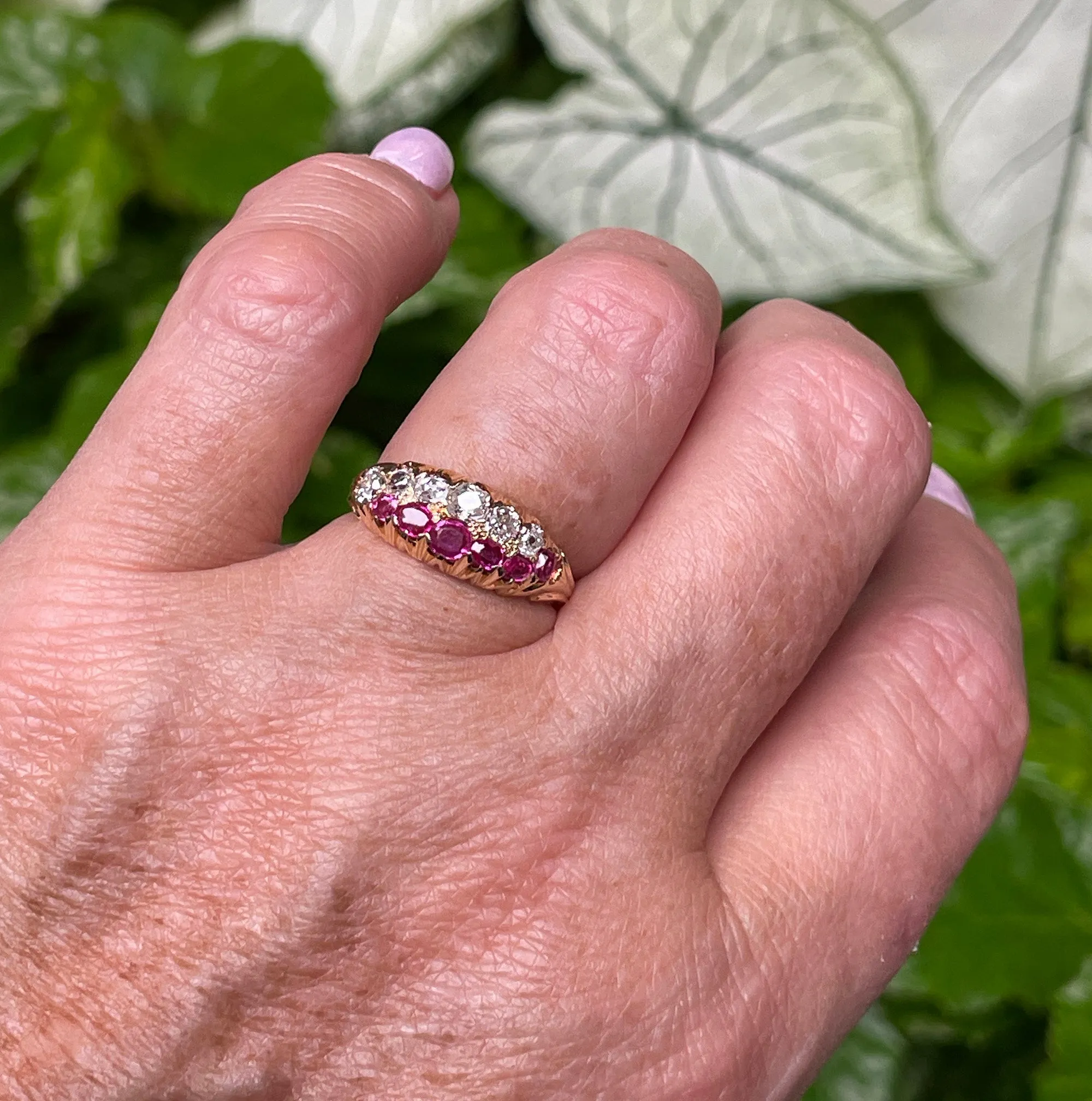 Victorian GIA No-Heat Burmese Pink Sapphires & Old Mine Diamond Double Rows Yellow Gold Band Ring