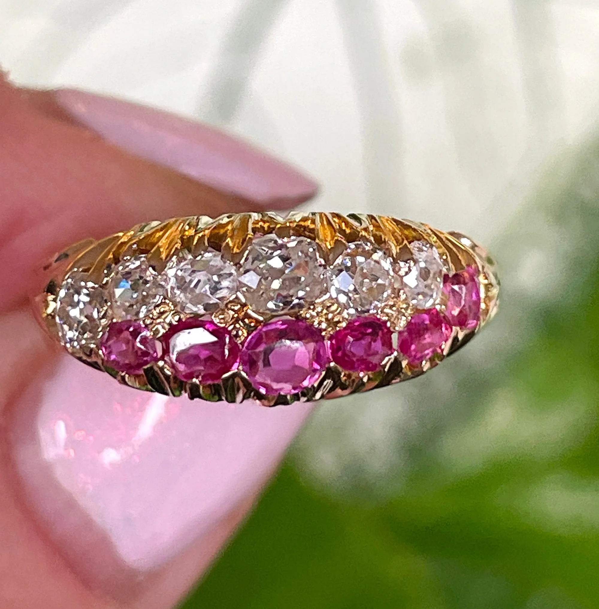 Victorian GIA No-Heat Burmese Pink Sapphires & Old Mine Diamond Double Rows Yellow Gold Band Ring