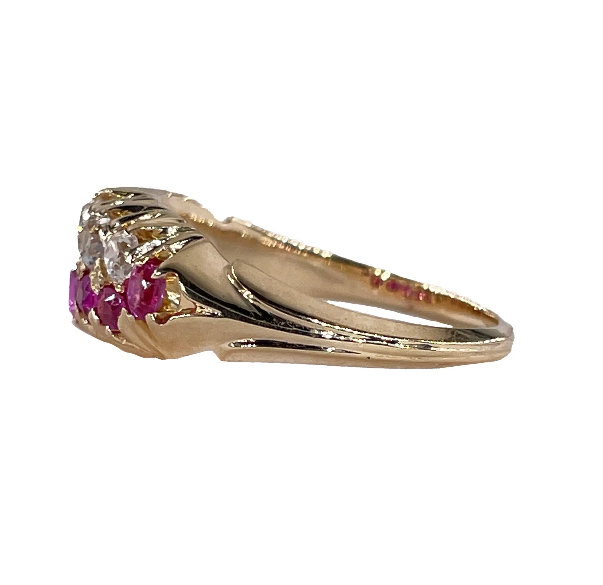 Victorian GIA No-Heat Burmese Pink Sapphires & Old Mine Diamond Double Rows Yellow Gold Band Ring