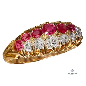 Victorian GIA No-Heat Burmese Pink Sapphires & Old Mine Diamond Double Rows Yellow Gold Band Ring