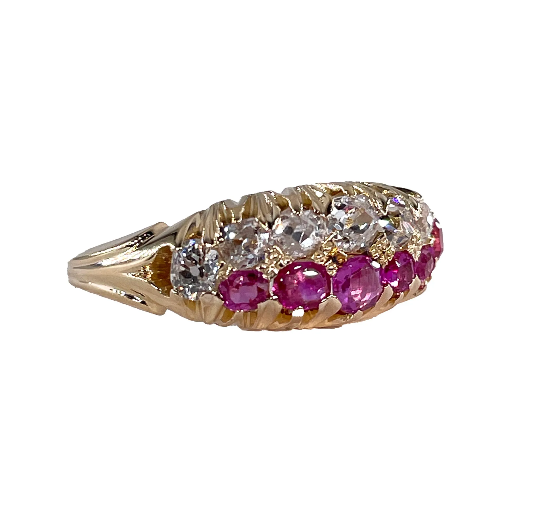 Victorian GIA No-Heat Burmese Pink Sapphires & Old Mine Diamond Double Rows Yellow Gold Band Ring