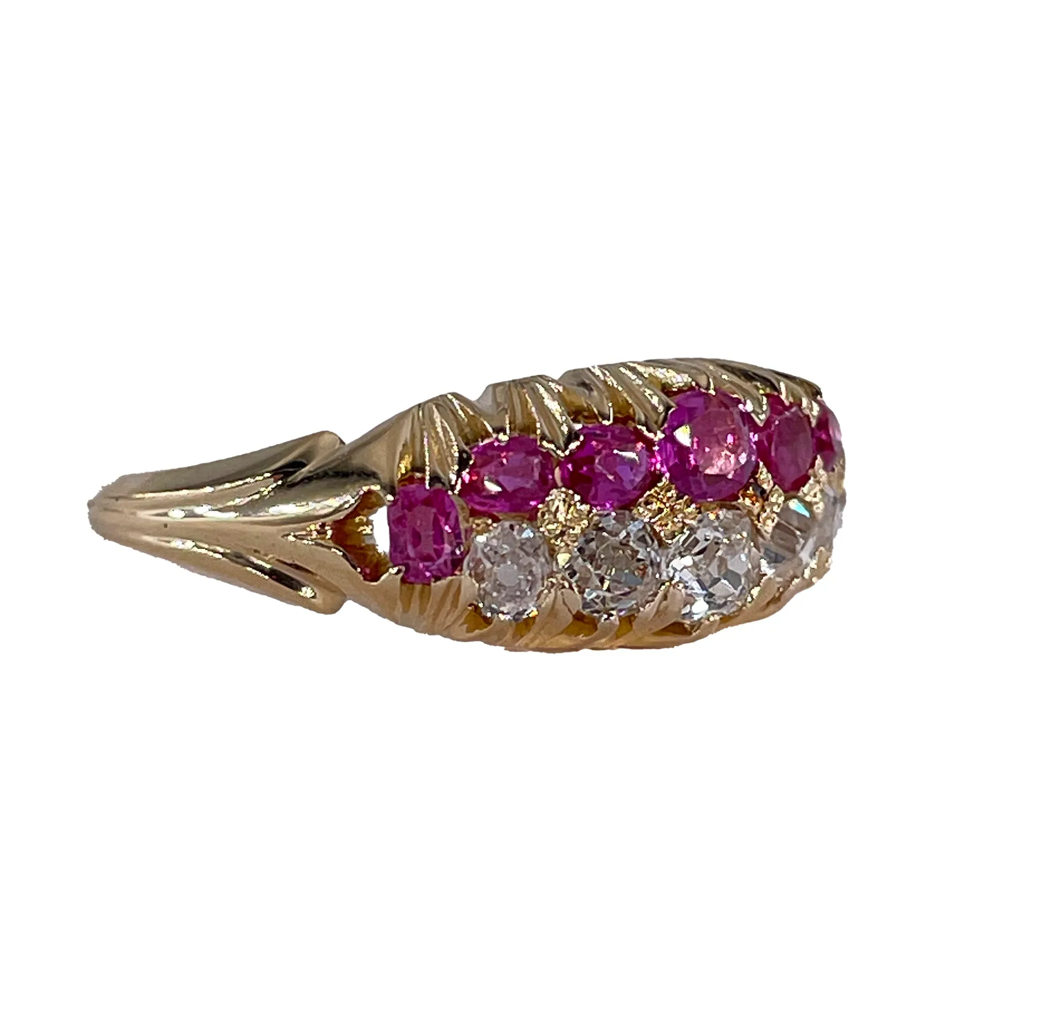 Victorian GIA No-Heat Burmese Pink Sapphires & Old Mine Diamond Double Rows Yellow Gold Band Ring