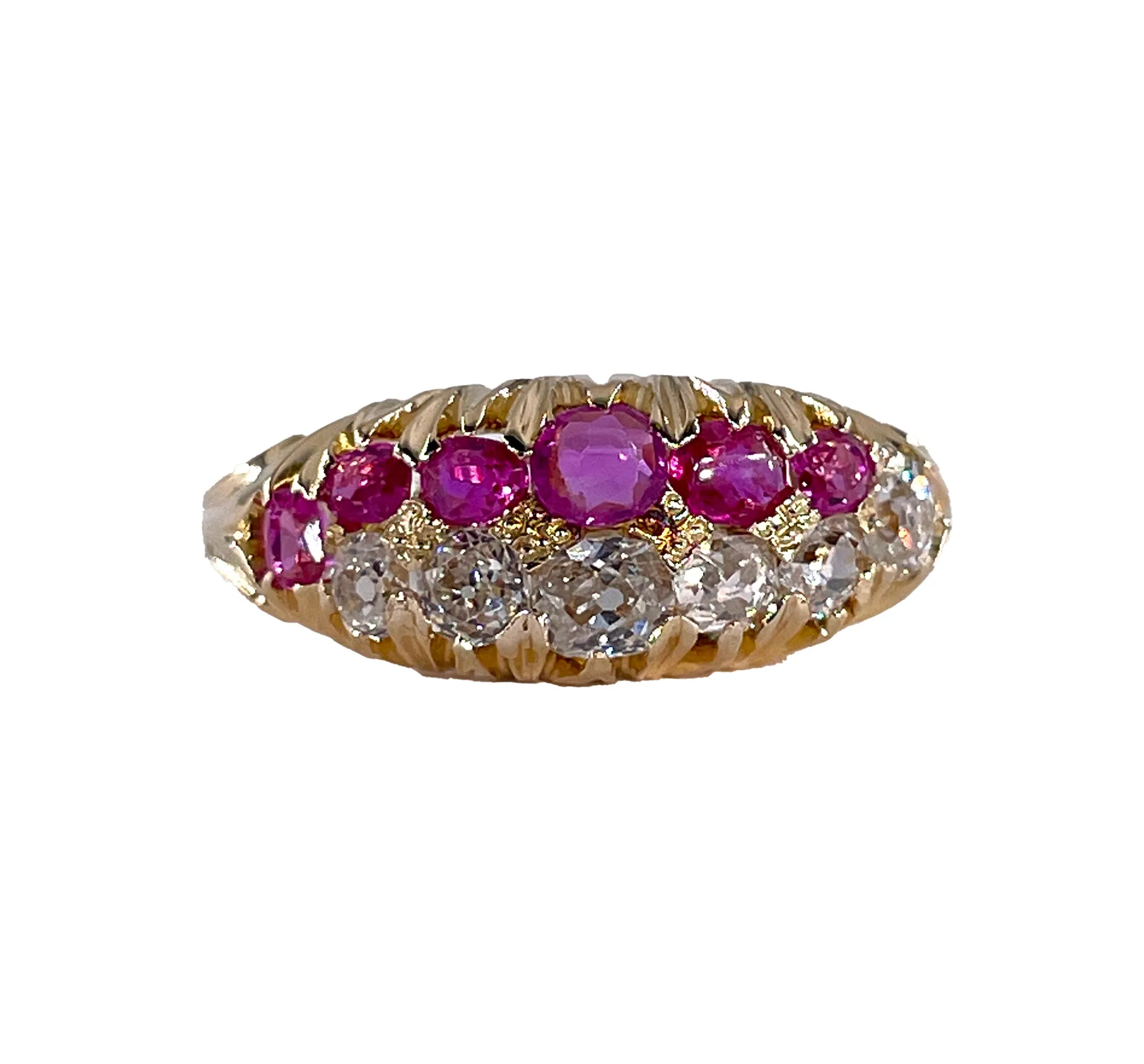 Victorian GIA No-Heat Burmese Pink Sapphires & Old Mine Diamond Double Rows Yellow Gold Band Ring