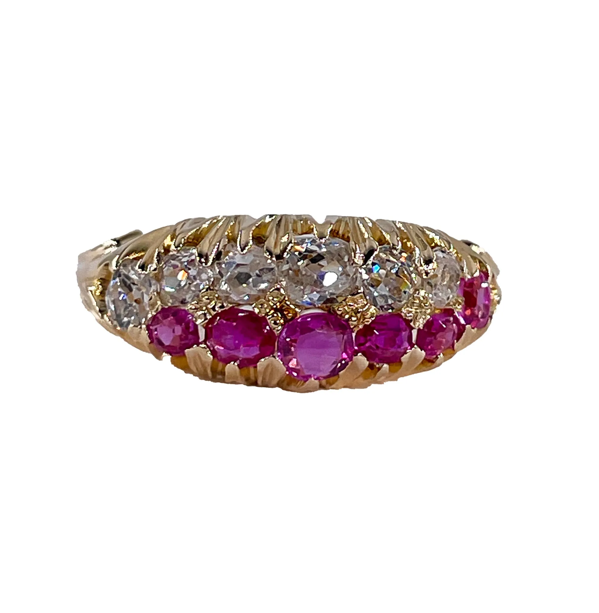 Victorian GIA No-Heat Burmese Pink Sapphires & Old Mine Diamond Double Rows Yellow Gold Band Ring