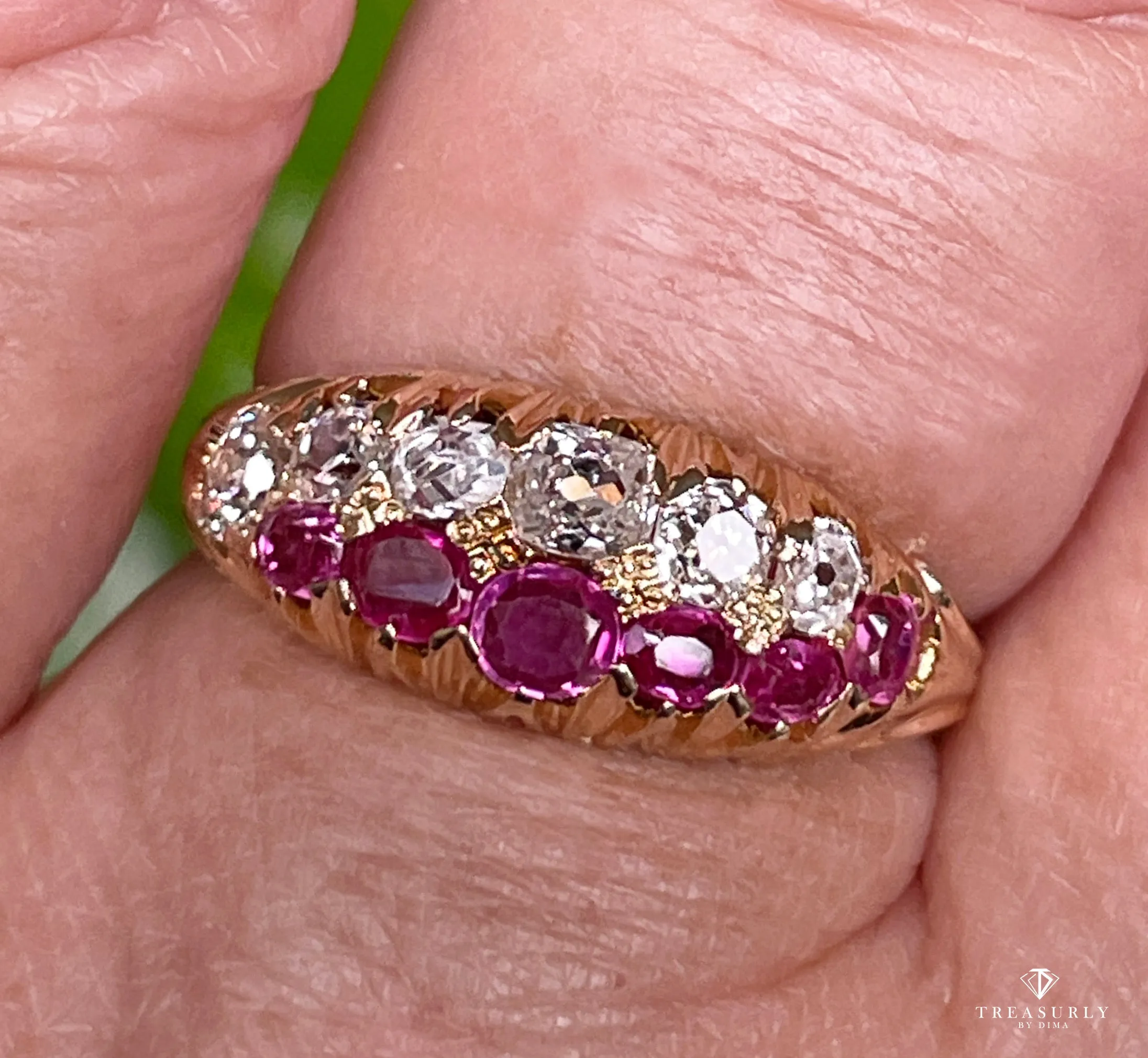 Victorian GIA No-Heat Burmese Pink Sapphires & Old Mine Diamond Double Rows Yellow Gold Band Ring