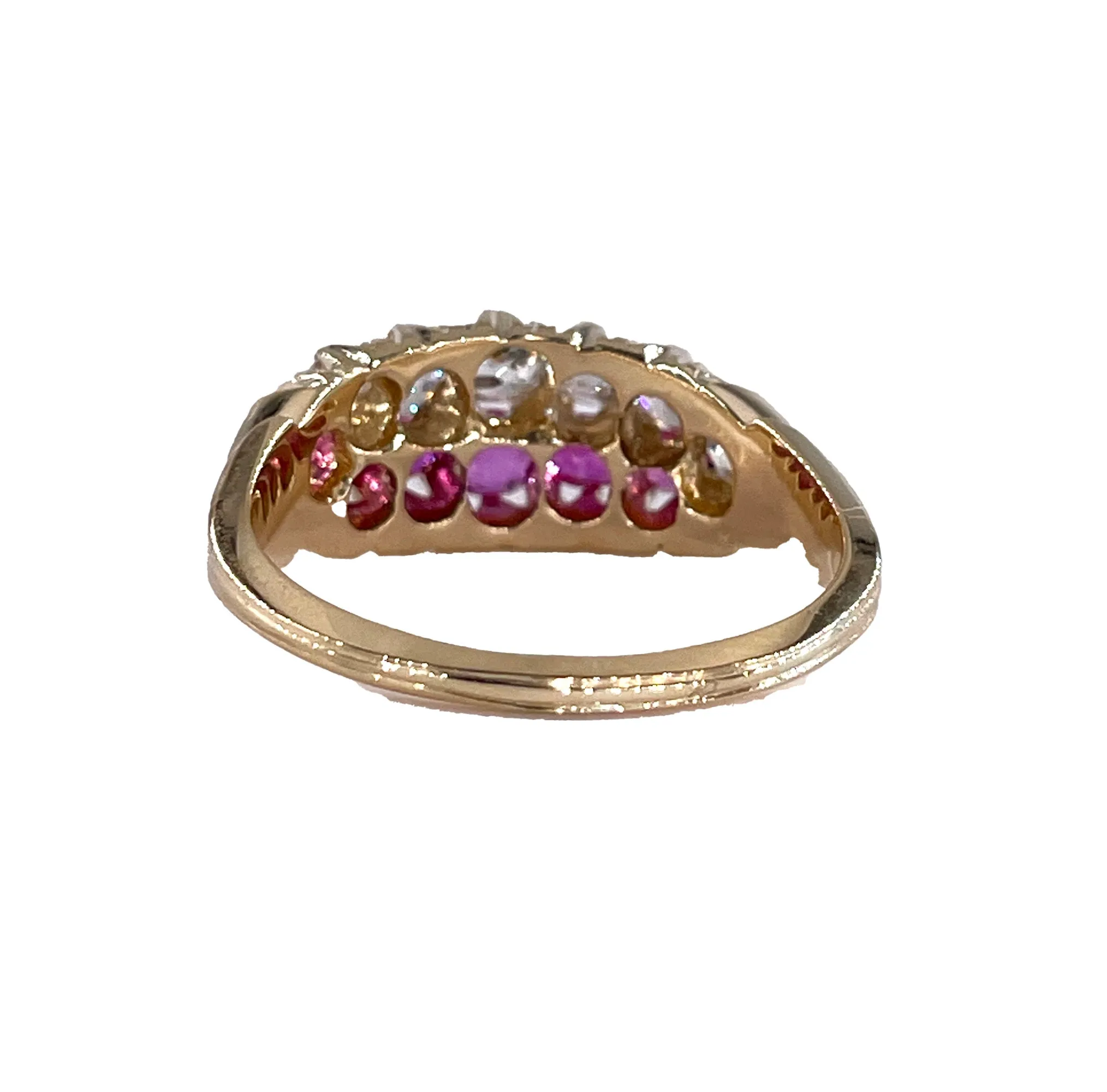 Victorian GIA No-Heat Burmese Pink Sapphires & Old Mine Diamond Double Rows Yellow Gold Band Ring