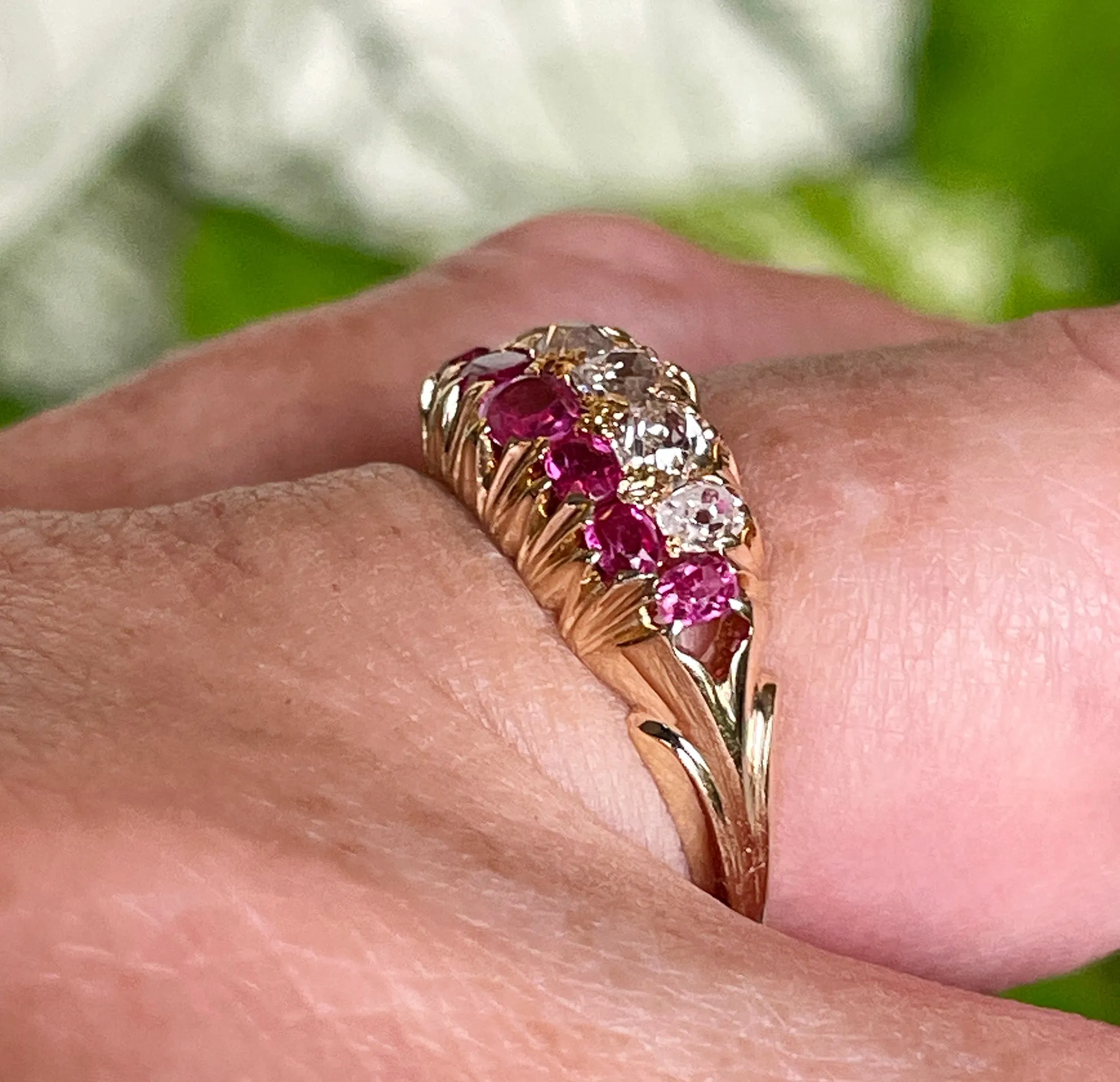 Victorian GIA No-Heat Burmese Pink Sapphires & Old Mine Diamond Double Rows Yellow Gold Band Ring