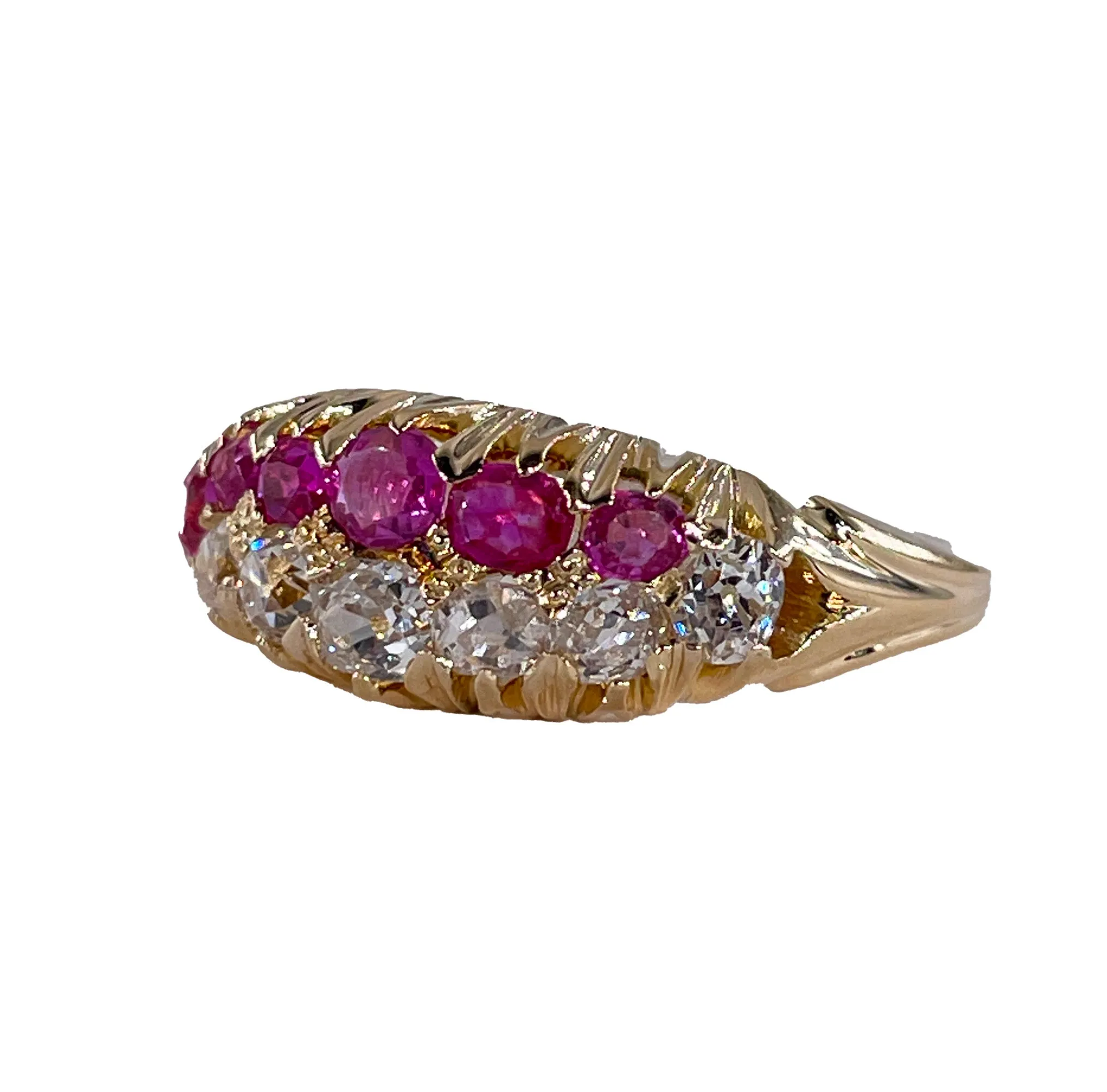 Victorian GIA No-Heat Burmese Pink Sapphires & Old Mine Diamond Double Rows Yellow Gold Band Ring