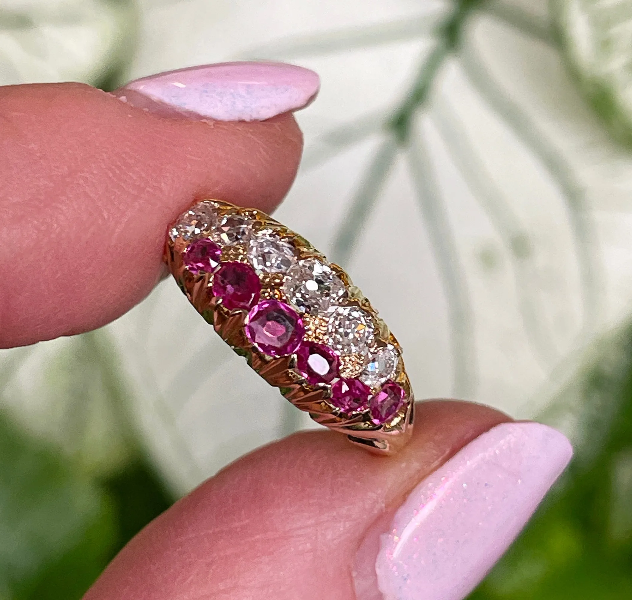 Victorian GIA No-Heat Burmese Pink Sapphires & Old Mine Diamond Double Rows Yellow Gold Band Ring