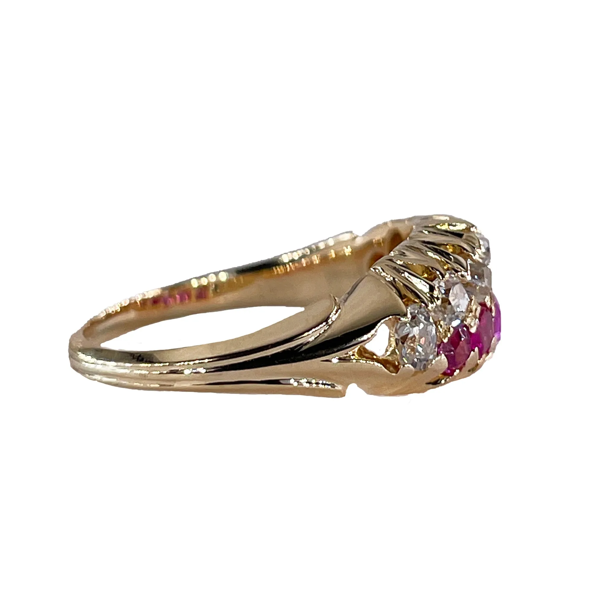 Victorian GIA No-Heat Burmese Pink Sapphires & Old Mine Diamond Double Rows Yellow Gold Band Ring