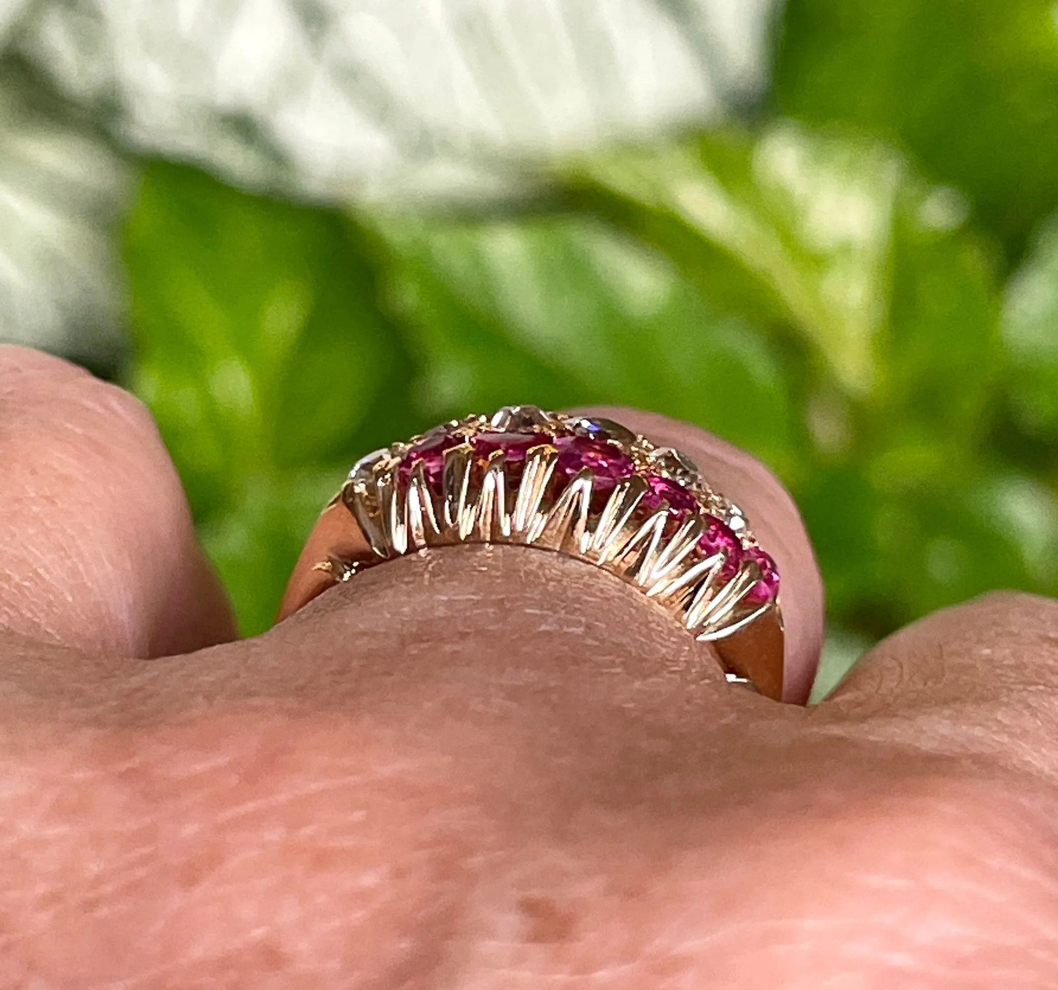 Victorian GIA No-Heat Burmese Pink Sapphires & Old Mine Diamond Double Rows Yellow Gold Band Ring