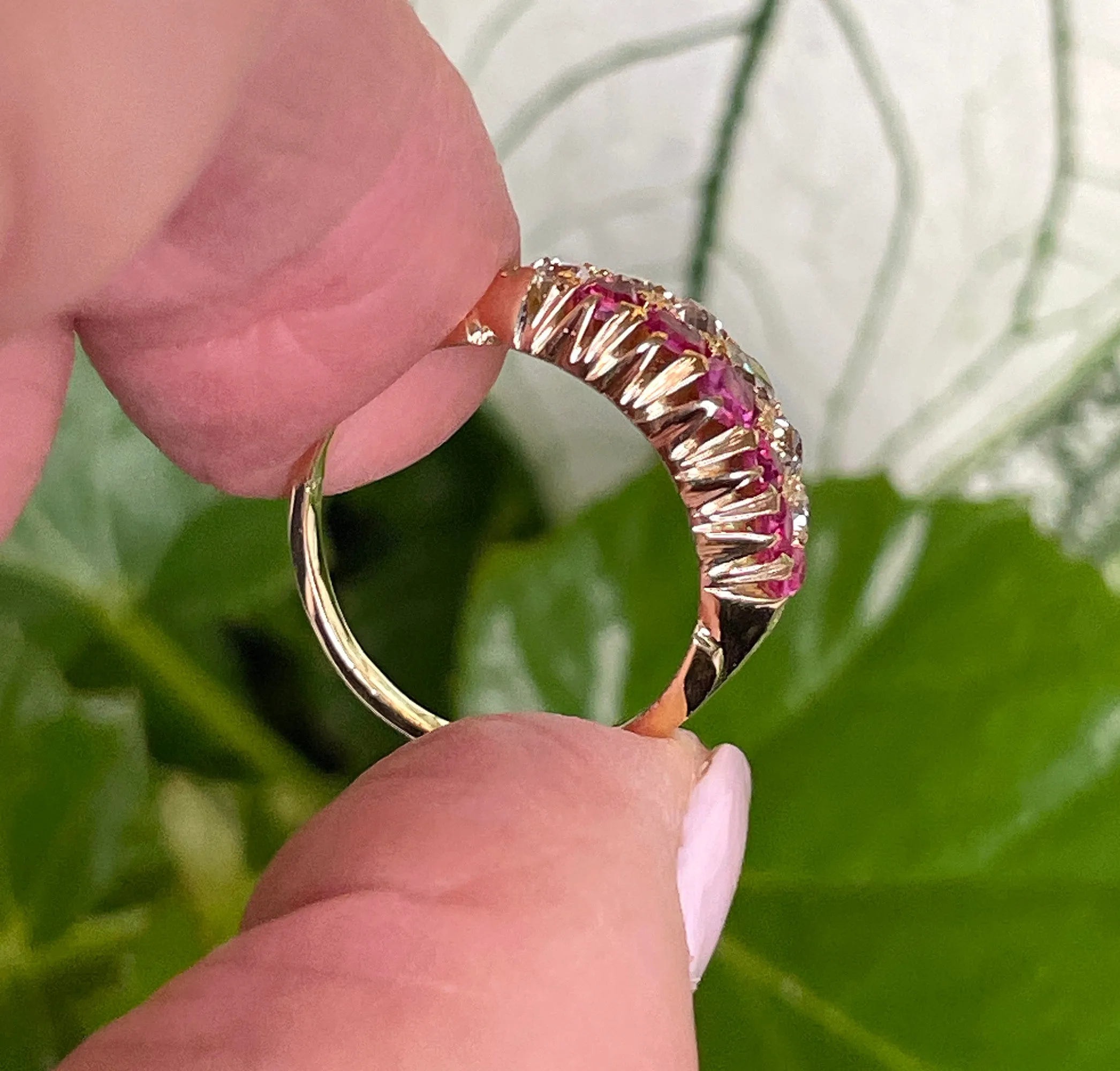 Victorian GIA No-Heat Burmese Pink Sapphires & Old Mine Diamond Double Rows Yellow Gold Band Ring