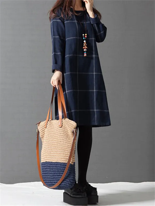 WealFeel Long sleeved Plaid Cotton and Linen Dress