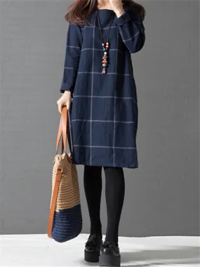 WealFeel Long sleeved Plaid Cotton and Linen Dress