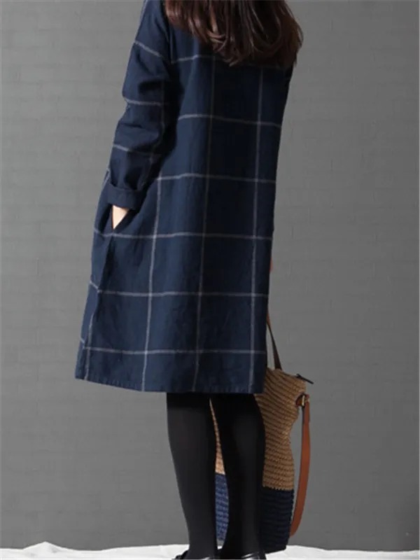 WealFeel Long sleeved Plaid Cotton and Linen Dress