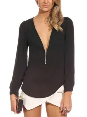 WealFeel Zip Front and V Neck Chiffon Top