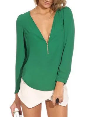 WealFeel Zip Front and V Neck Chiffon Top