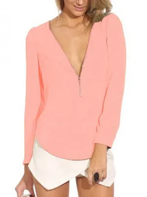 WealFeel Zip Front and V Neck Chiffon Top