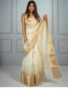 White Gold Organza Jacquard Border Saree