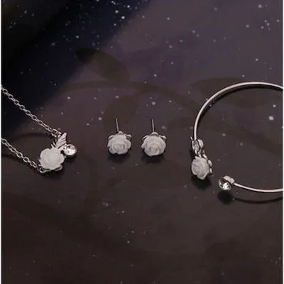 White Rose Silver Earring Necklace Bracelet Set