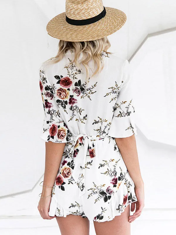 White Summer Floral Printed V-neck Romper