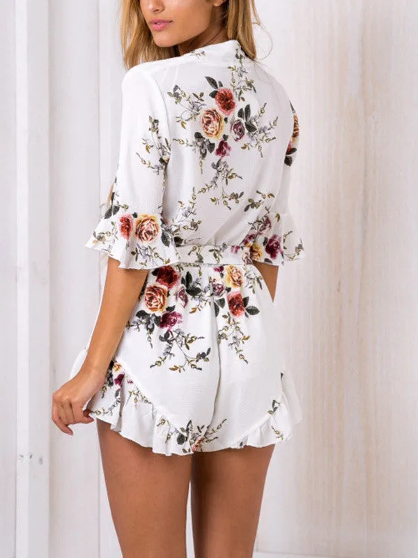 White Summer Floral Printed V-neck Romper