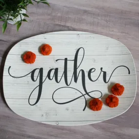 White Wood Farmhouse Inspired Script Platter | Choice of Text: Gather - Thankful - Blessed - Celebrate - Grateful - Custom