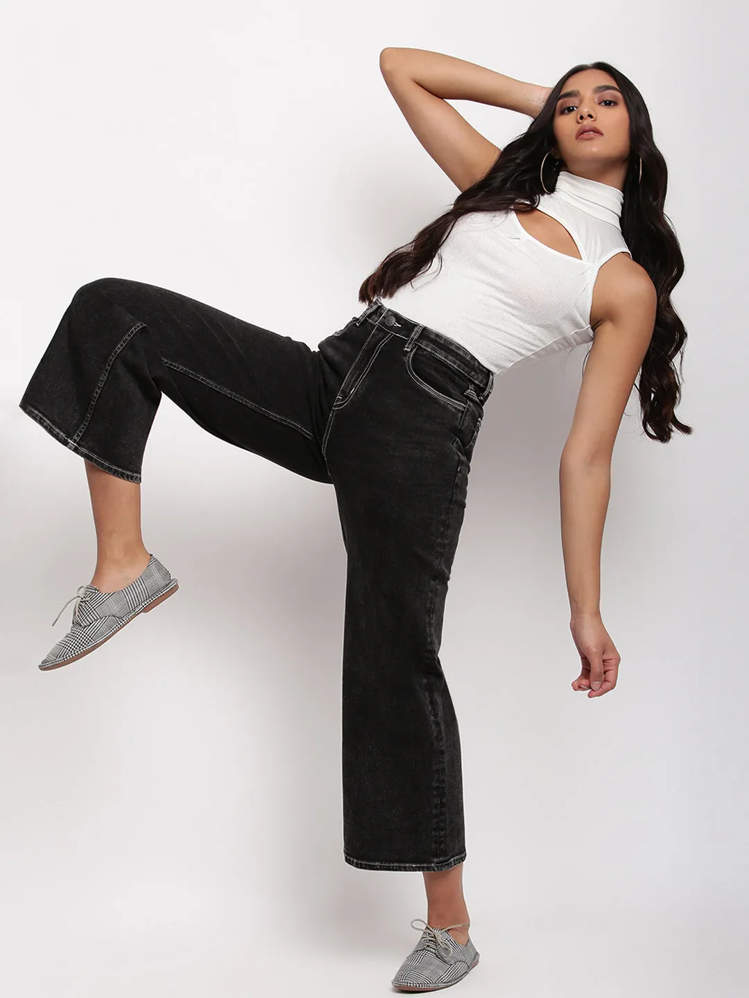 Women Black High Waist Flared Denim Jeans