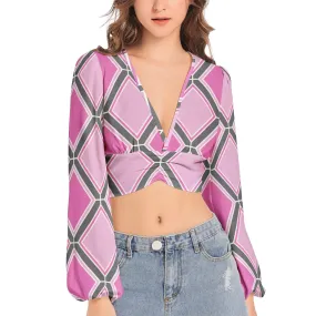 Women's Deep V-Neck Lantern Sleeve Crop Top