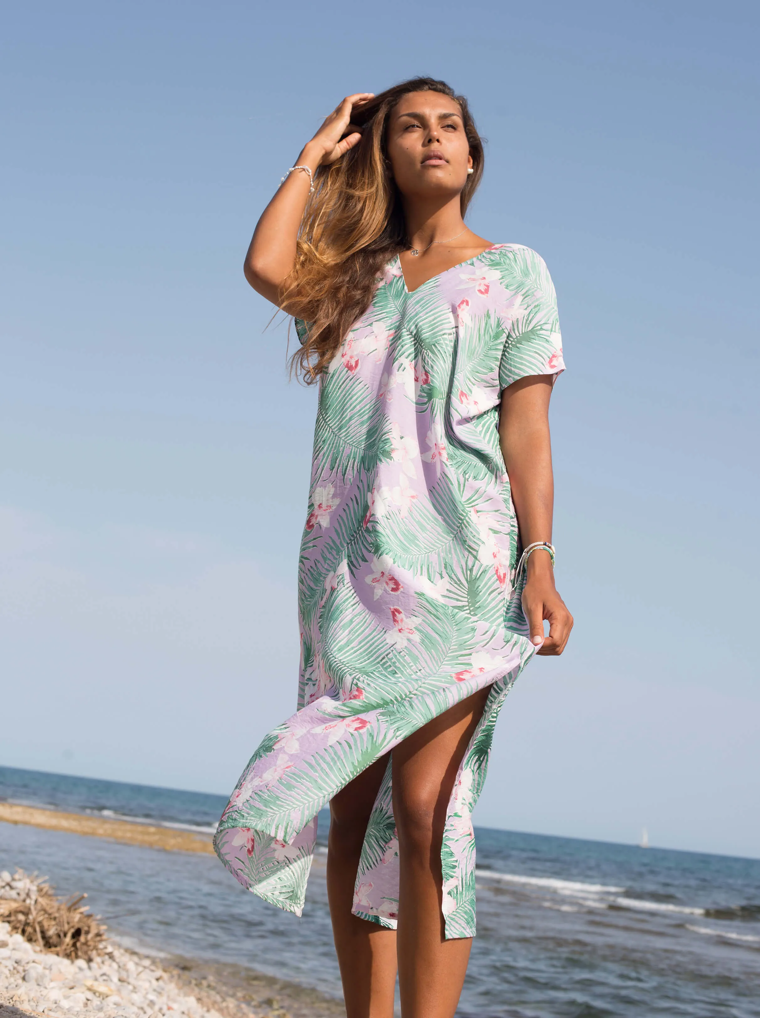 Yellow Palm Print Kaftan Dress