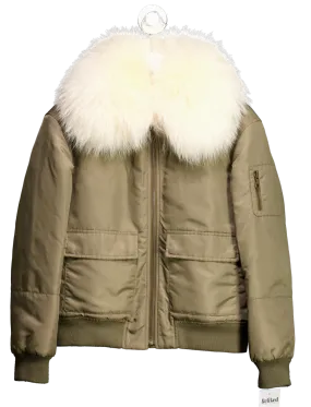 Yves Salamon Green Khaki Bomber Jacket With Real Fur Collar And Detachable Fur Lining Fr34 UK 8